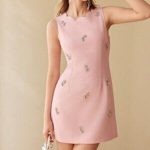 Pink Elegant Women's Rhinestone Detail Scallop Trim Dress